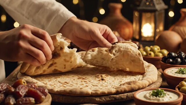 Close-up of hands tearing flatbread during Iftar. Features traditional Arabic food like dates, olives, and a lantern, perfect for Ramadan, Muslim culture, and festive Middle Eastern celebrations.