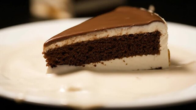 A slice of layered chocolate cake with white frosting and chocolate ganache on a white plate