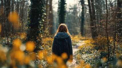 Woman walking in a sunlit forest