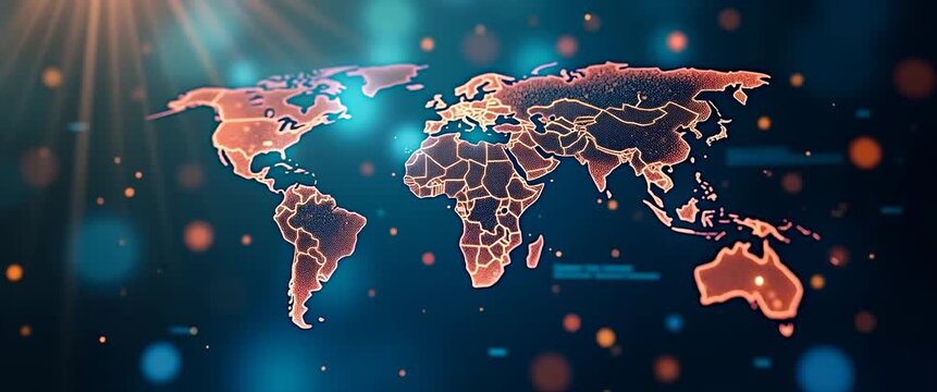 Glowing digital world map with continents gently pulsating; camera executes a slow pan across a futuristic, cinematic backdrop with ambient light flicker for a dynamic global technology focus.