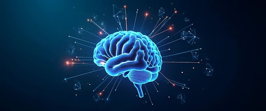 Futuristic digital brain interface with data overlays; glowing elements gently animate as camera slowly pans, creating a cinematic and immersive technology-focused scene.