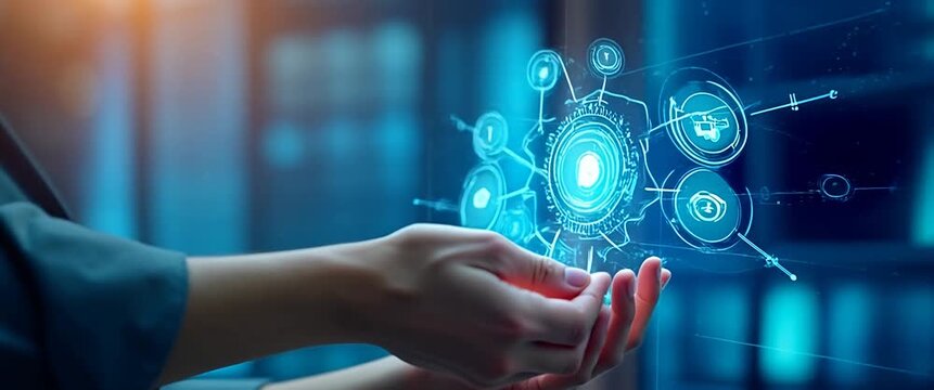 Futuristic interface holograms hover gently above hands as the camera pans smoothly, creating an immersive, cinematic view of digital innovation and technology in motion.