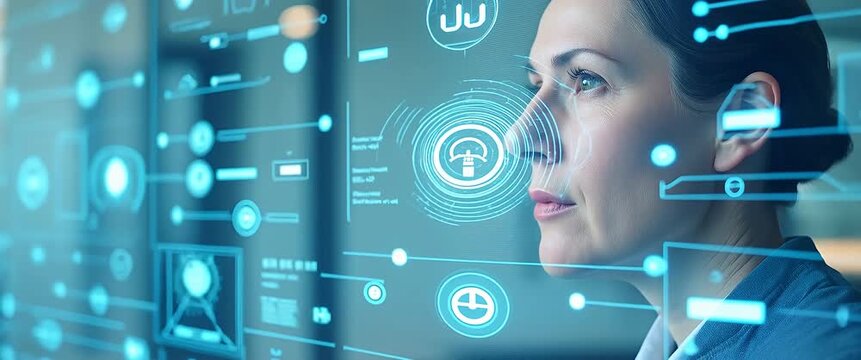 Innovative businesswoman analyzes digital interface, overlaying futuristic technology graphics, with gentle ambient light flickering, as the camera slowly pans for a cinematic, modern feel.