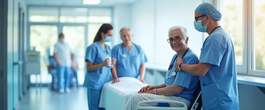Healthcare professionals engage in thoughtful discussion in a bright hospital setting, as the camera gently pans, capturing the serene, collaborative atmosphere, with soft ambient movements.