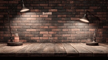 Illuminated Brick Wall with Wooden Surface and Warm Spotlights in a Dark Room Ideal for Product Display and Stage Backdrop Showcase, Focus on Warm Light