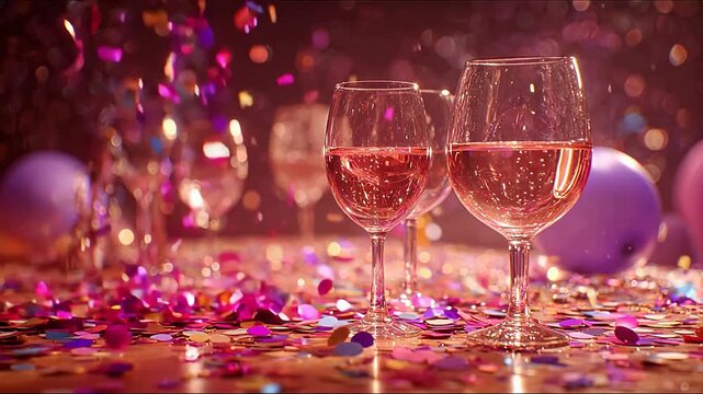 Wine glasses with confetti and balloons