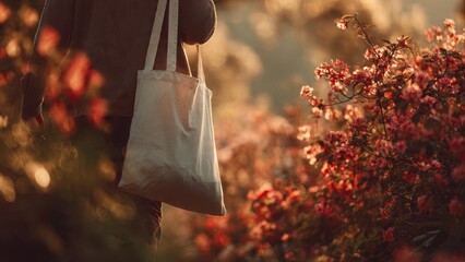 Woman With Tote Bag Amidst Blooming Flowers