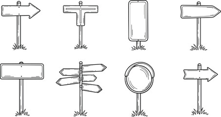 Wooden signpost and direction sign outline vector set with arrows and blank boards for navigation and guidance concepts © sahajahan
