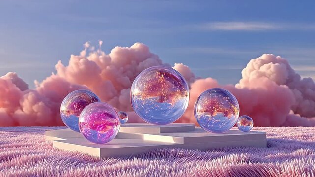 Glass spheres on platform with pink clouds