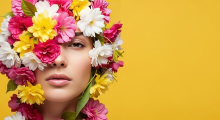 Naklejka premium Detailed studio composition featuring facial features partially hidden by colorful, lush spring blossoms, emphasizing serene beauty and natural grace, natural, aesthetic, bloom