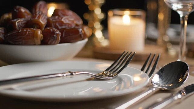 Beautifully set table with dates, candlelight, and silverware for Iftar or a special festive meal. Perfect for Ramadan, Eid, cultural celebrations, and creating warm, inviting atmospheres with family.