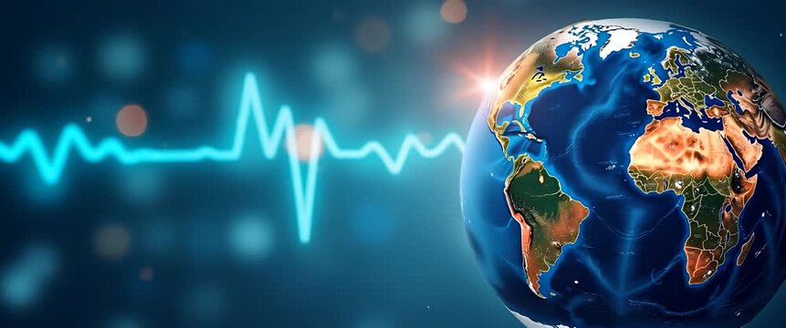 Rotating Earth with glowing pulse line, camera gently pans, lights flicker in the background, cinematic style; keywords: global health, technology, innovation.