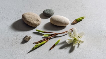 Zen stones, blossom and budding branch
