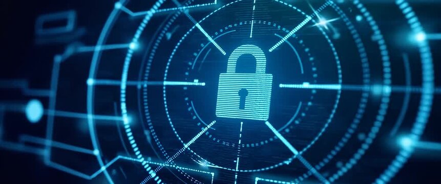 Futuristic cybersecurity concept with a glowing digital lock hovering above a hand, while network lines gently animate and camera slowly pans, in a cinematic and high-tech style.