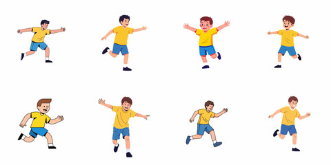 Fototapeta premium Vector illustrations set of running boys in various dynamic poses, depicting active childhood and freedom of movement.