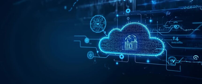 Digital cloud security concept with lock icon, glowing blue, gently swaying amid futuristic data graphics, as camera slowly pans across a cinematic, tech-focused scene.