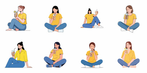 Fototapeta premium Flat vector illustrations of diverse young women sitting down, relaxed, and enjoying refreshing iced beverages such as tea or lemonade on a summer day.