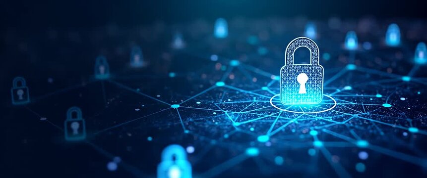 Digital locks gently pulse with blue light on a network grid as the camera slowly pans, highlighting cybersecurity and data protection in a futuristic, cinematic style.