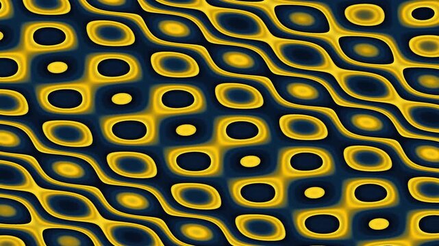 Abstract yellow and blue pattern with repeating shapes and wavy lines.