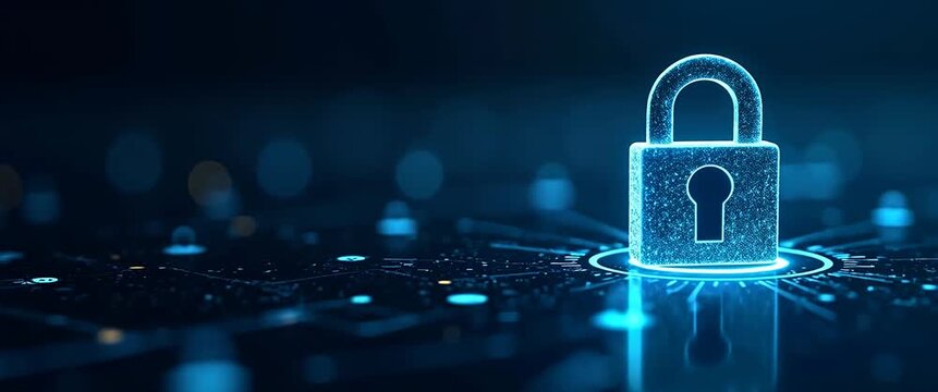 Futuristic digital padlock hovers gently over a glowing cyber network, with a slow camera pan exploring the intricate web in a cinematic style, highlighting data security and technology innovation.