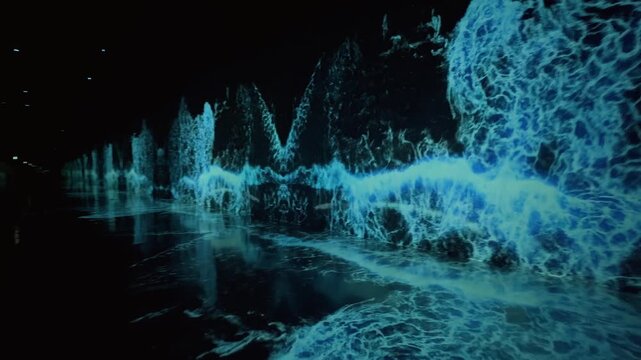 Immersive digital art installation featuring glowing blue ocean waves projected onto dark corridor walls. Futuristic virtual sea experience with crashing water and abstract light reflections.

