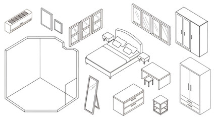 Obraz premium Isometric arrangement of bedroom furniture and storage pieces in a minimalist interior design illustration.
