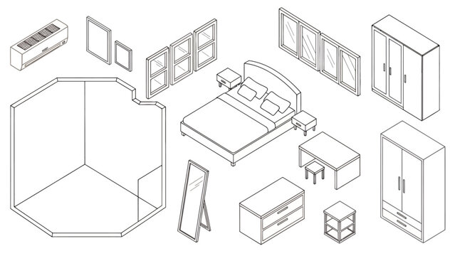 Isometric arrangement of bedroom furniture and storage pieces in a minimalist interior design illustration.