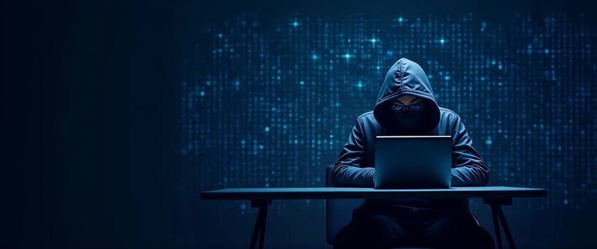 Hooded figure types on a laptop in a dimly lit room as digital code flickers on the wall; camera slowly pans to create a mysterious, cinematic cyber security atmosphere.