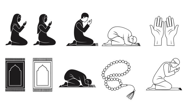 Series of prayer and religious gestures showing reverence, meditation, and devotion.