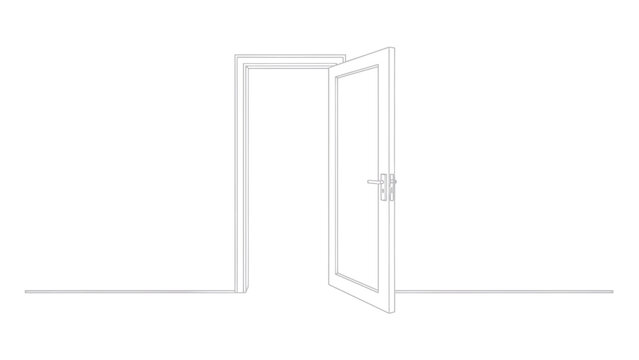 Minimalist open doorway illustration with clean white outline and architectural frame suggesting entryway.