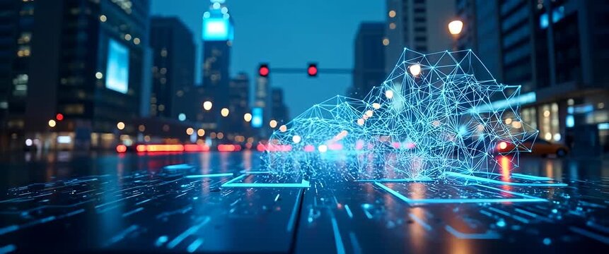 Dynamic data visualization on a computer screen with animated graphs and charts; slow pan reveals a modern office setting with ambient lighting shifts; cinematic, professional tone.