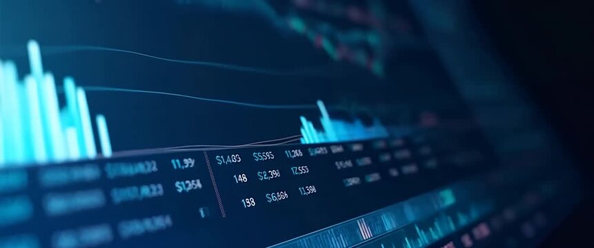 Dynamic stock market data visualization with animated charts and graphs; slow camera pan across digital interface in a cinematic, ambient motion scene, ideal for finance and technology themes.