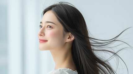 風になびく髪が美しいアジア人女性のビューティーポートレート