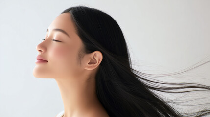 自然光の中で微笑むロングヘアの美しいアジア人女性