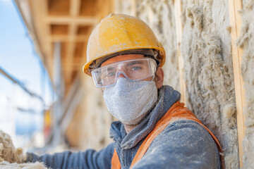 Construction worker wearing protective gear on building site