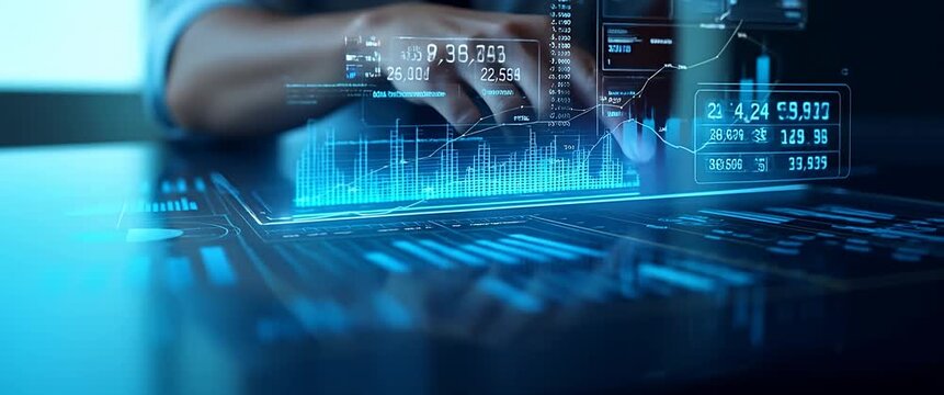 A professional hand interacts with a futuristic digital interface displaying dynamic financial charts, with a smooth camera pan capturing the ambient glow and subtle data animations in a sleek, cinema