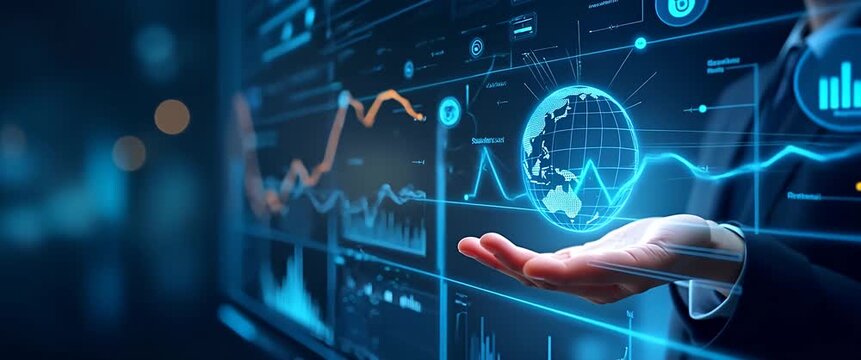 Hand holds digital globe amidst futuristic data visualization; gentle light flickers, camera slow pans across dynamic interface in cinematic style, enhancing technology and innovation themes.
