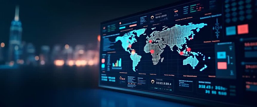 In a cinematic scene, a digital world map displays data analytics with flickering lights, as the camera slowly pans across a futuristic cityscape, emphasizing technology and innovation.