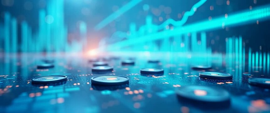 Futuristic digital coins spin gently on a glowing data-filled table, as the camera pans slowly over the cinematic scene, with graphs pulsating in vibrant ambient motion, symbolizing blockchain innovat