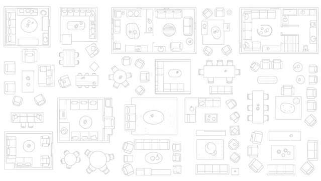 Blueprint style floor plan sketches showing multiple seating layouts and interior room arrangements.