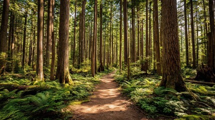 Obraz premium Sunlit Dirt Path Winds Through Dense Green Forest With Tall Trees in Afternoon Sunlight Creating a Serene Tranquil Atmosphere Nature Scenery