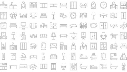 Obraz premium Pattern of assorted line icons featuring office furniture and everyday objects.