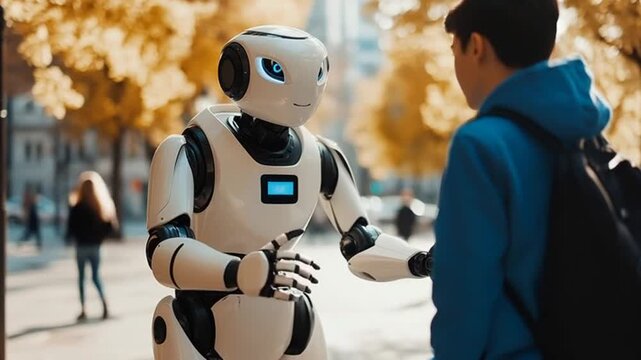Humanoid robot interacts with a young person on a city street with autumn trees