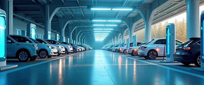Electric vehicles charging at a modern station, as the camera pans steadily along the row of sleek cars, while subtle sunlight flickers through urban trees; cinematic and eco-friendly.