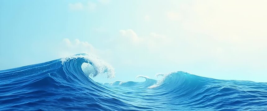 Majestic ocean waves crest and crash in a serene seascape, with a slow cinematic pan capturing the dynamic water motion and subtle cloud drift under a clear blue sky.