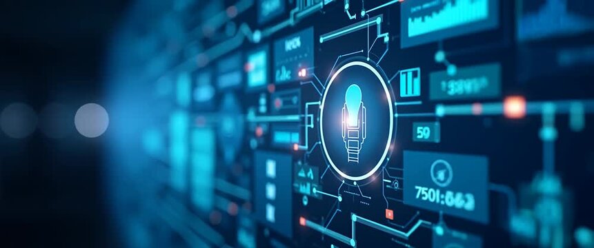 Futuristic digital interface with glowing data nodes in a circular pattern; camera slowly pans across the scene as abstract technology icons gently pulse, creating a cinematic ambiance.