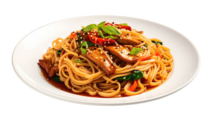 Noodles with stir-fried vegetables and herbs atop white dish
