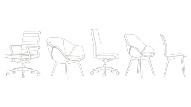 Line Art Illustration of Various Office Chairs in a Row for Flexible Graphic Resources.