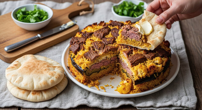 Maqluba Traditional Rice With Meat And Pita Bread On Rustic Table