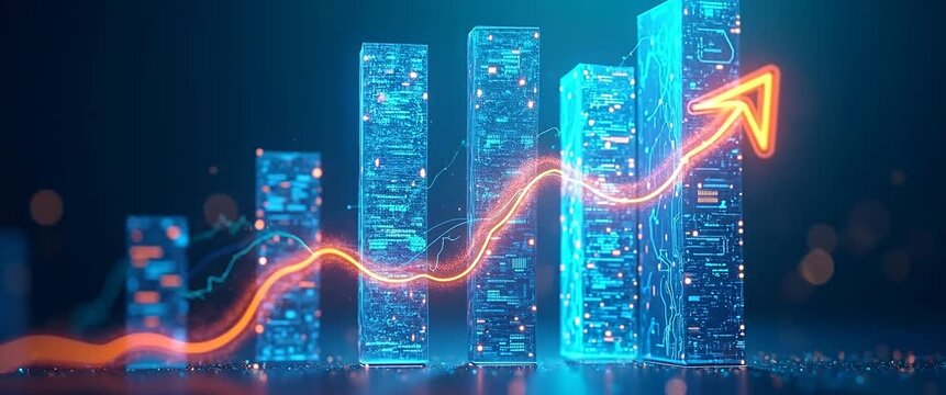 Futuristic financial growth chart with glowing data buildings rises dynamically as the camera slowly pans, surrounded by ambient lights flickering, in a cinematic, tech-driven style.